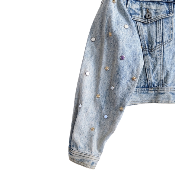 DAKOTA BLUE Vintage 80's Studded Beaded Fringe Cropped Light Wash Denim Jacket - Picture 7 of 14